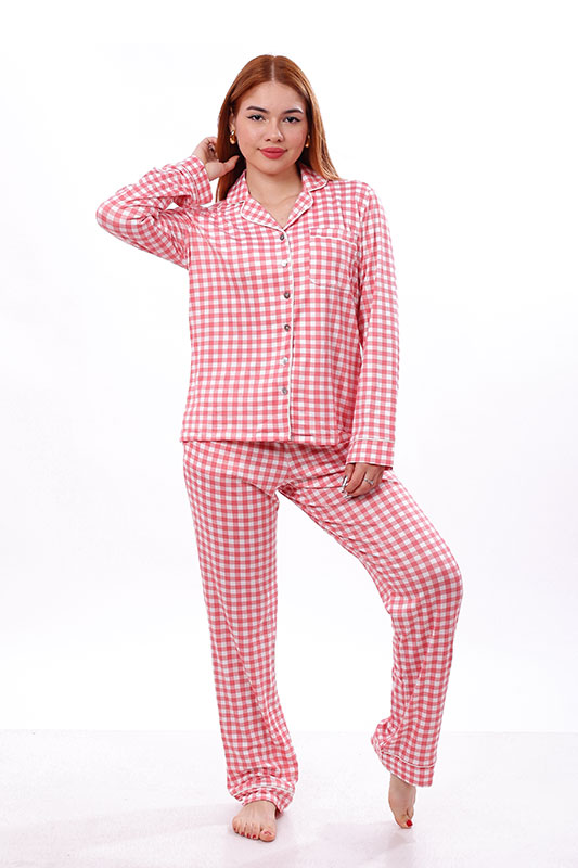 Pijama Camisera manga larga cuadros rosa