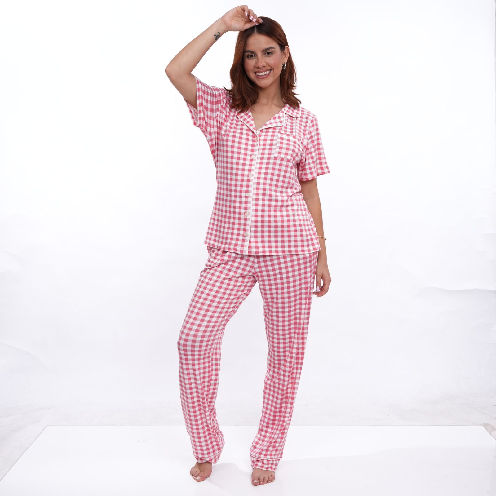 Pijama Camisera manga corta con pantalon largo cuadros rosa