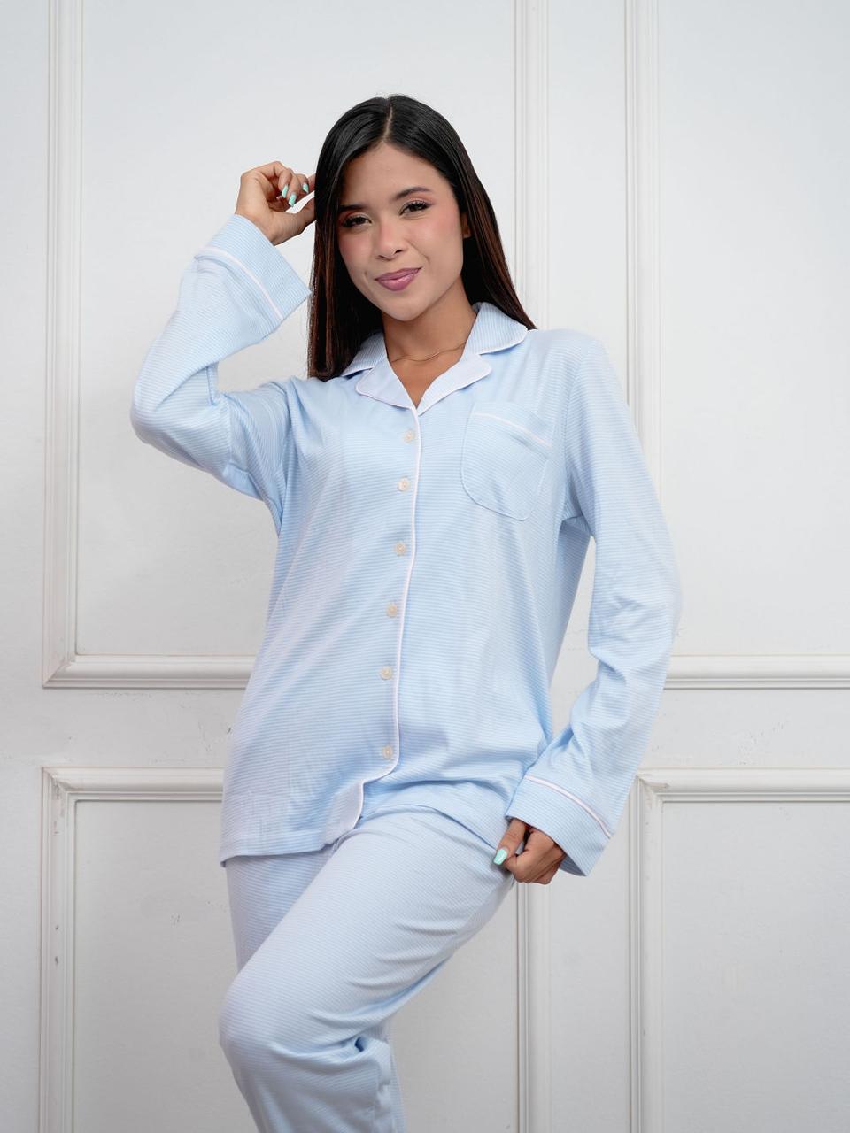 Pijama celeste a rayas con sesgo rosado algodón pima